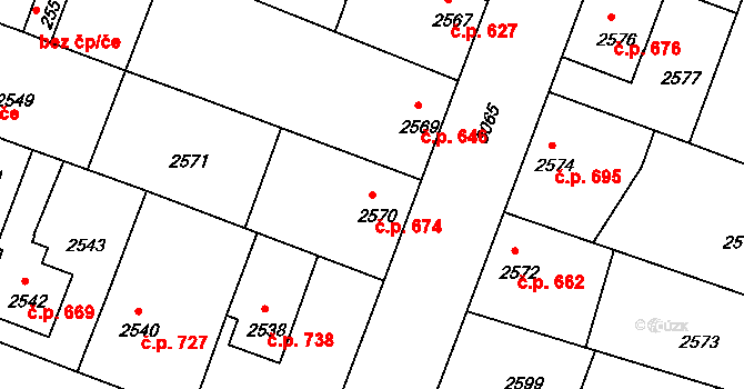 Čelákovice 674 na parcele st. 2570 v KÚ Čelákovice, Katastrální mapa
