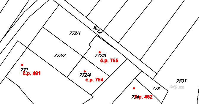 Šardice 755 na parcele st. 772/3 v KÚ Šardice, Katastrální mapa
