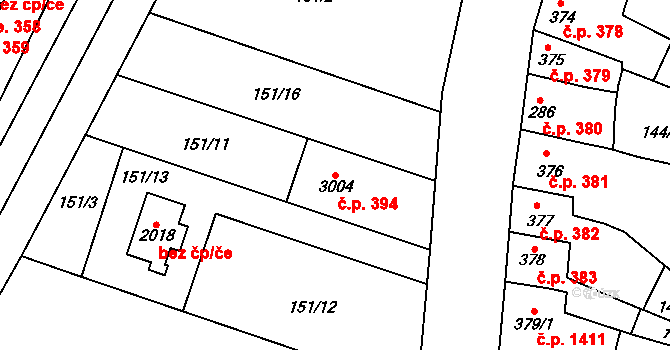 Kyjov 394 na parcele st. 3004 v KÚ Kyjov, Katastrální mapa