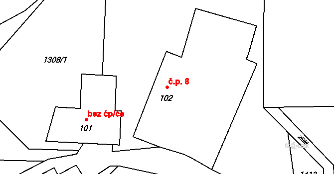 Růžkovy Lhotice 8, Čechtice na parcele st. 102 v KÚ Černičí, Katastrální mapa