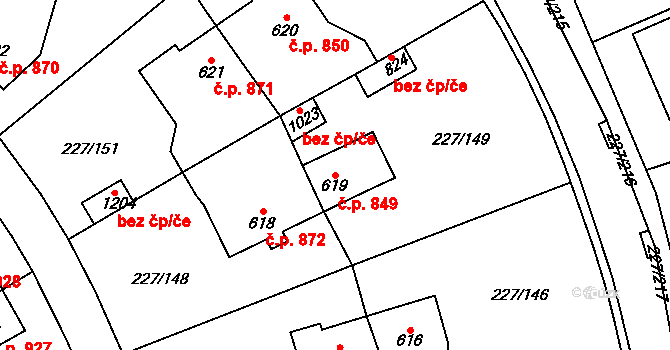 Švermov 849, Kladno na parcele st. 619 v KÚ Hnidousy, Katastrální mapa
