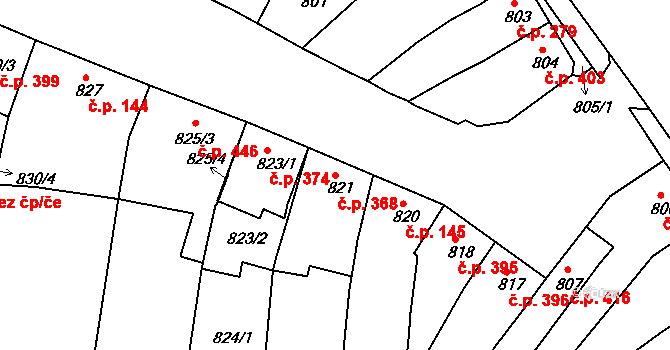 Hulín 368 na parcele st. 821 v KÚ Hulín, Katastrální mapa