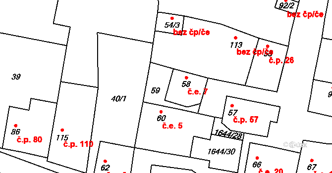 Brníkov 7, Mšené-lázně na parcele st. 58 v KÚ Brníkov, Katastrální mapa