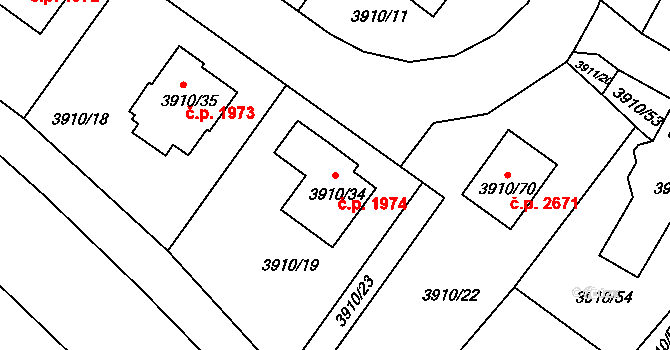 Roudnice nad Labem 1974 na parcele st. 3910/34 v KÚ Roudnice nad Labem, Katastrální mapa