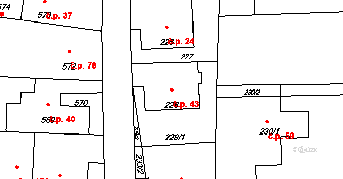 Rudice 43 na parcele st. 228 v KÚ Rudice u Blanska, Katastrální mapa
