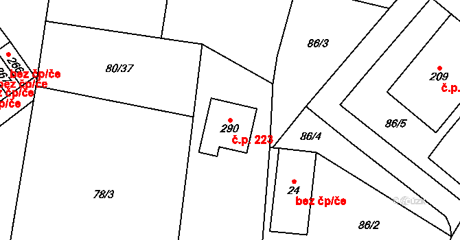 Šošůvka 223 na parcele st. 290 v KÚ Šošůvka, Katastrální mapa