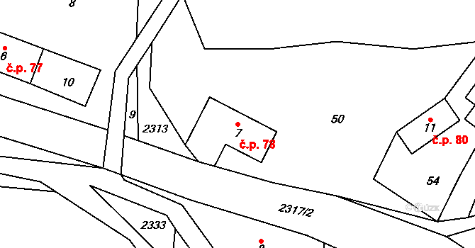 Horní Kalná 78 na parcele st. 7 v KÚ Horní Kalná, Katastrální mapa