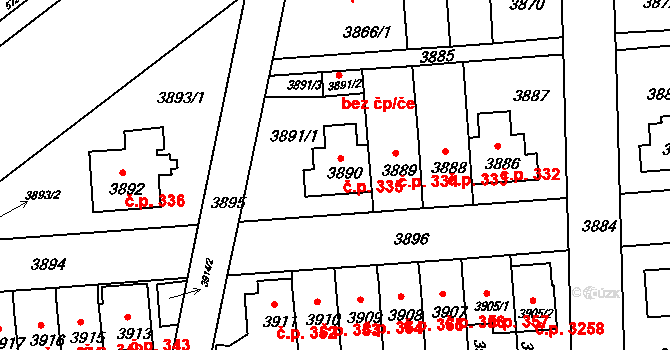 Záběhlice 335, Praha na parcele st. 3890 v KÚ Záběhlice, Katastrální mapa