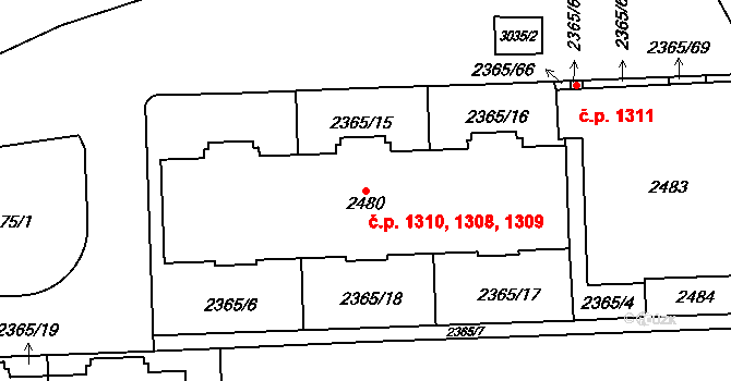 Chodov 1308,1309,1310, Praha na parcele st. 2480 v KÚ Chodov, Katastrální mapa