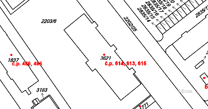 Střední Předměstí 613,614,615, Trutnov na parcele st. 3621 v KÚ Trutnov, Katastrální mapa