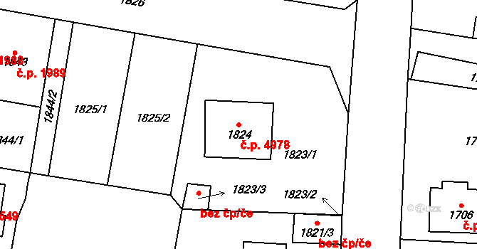 Chomutov 4978 na parcele st. 1824 v KÚ Chomutov I, Katastrální mapa