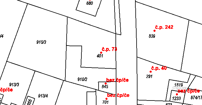 Plácky 73, Hradec Králové na parcele st. 401 v KÚ Plácky, Katastrální mapa