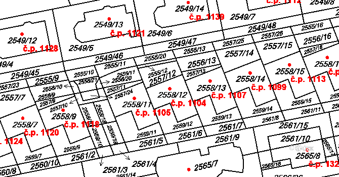 Komín 1104, Brno na parcele st. 2558/12 v KÚ Komín, Katastrální mapa
