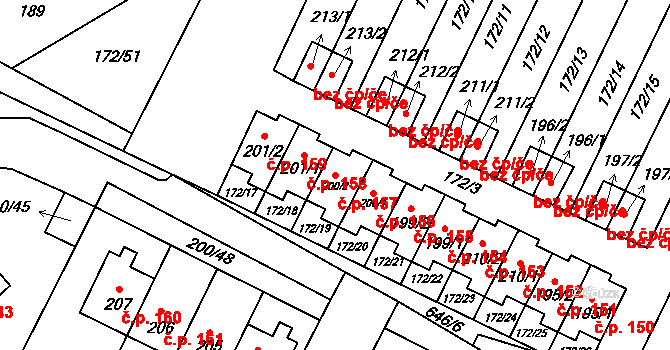 Katusice 157 na parcele st. 200/2 v KÚ Katusice, Katastrální mapa