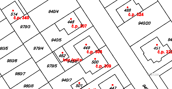Hostěrádky-Rešov 308 na parcele st. 449 v KÚ Hostěrádky, Katastrální mapa