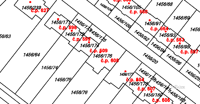 Troubsko 608 na parcele st. 1456/176 v KÚ Troubsko, Katastrální mapa