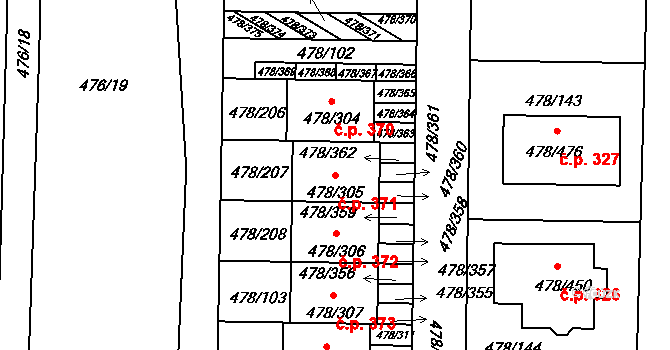 Roudné 371 na parcele st. 478/305 v KÚ Roudné, Katastrální mapa