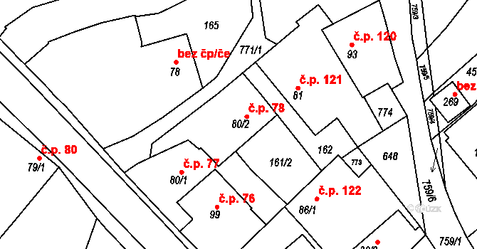 Šebkovice 78 na parcele st. 80/2 v KÚ Šebkovice, Katastrální mapa