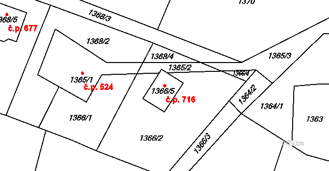 Fryčovice 716 na parcele st. 1366/5 v KÚ Fryčovice, Katastrální mapa