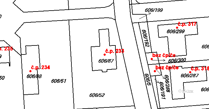 Drahelice 233, Nymburk na parcele st. 606/87 v KÚ Drahelice, Katastrální mapa
