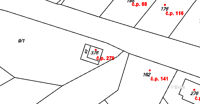 Bohdalov 279 na parcele st. 378 v KÚ Bohdalov, Katastrální mapa