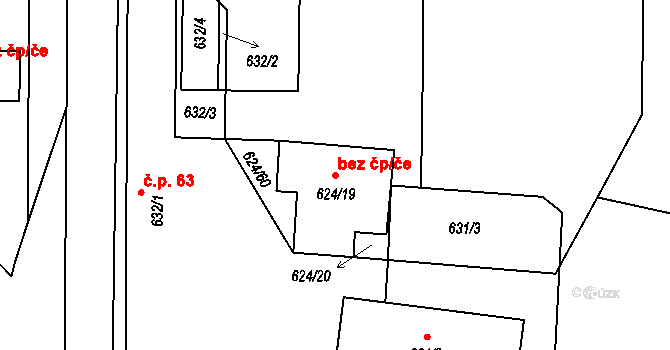 Holešov 42143055 na parcele st. 624/19 v KÚ Všetuly, Katastrální mapa