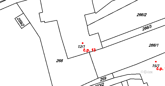 Kružberk 13 na parcele st. 12/1 v KÚ Kružberk, Katastrální mapa
