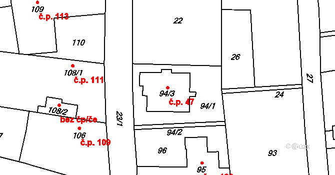 Chlebičov 47 na parcele st. 94/3 v KÚ Chlebičov, Katastrální mapa
