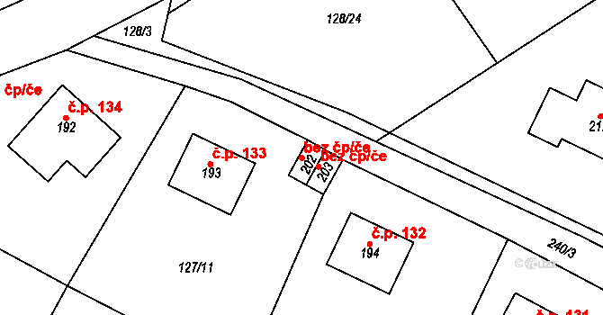 Radovesnice I 49573055 na parcele st. 202 v KÚ Radovesnice I, Katastrální mapa