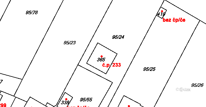 Blatnice 233 na parcele st. 365 v KÚ Blatnice u Nýřan, Katastrální mapa
