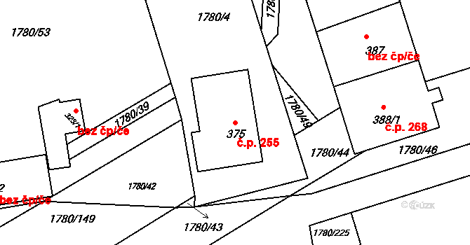Pocinovice 255 na parcele st. 375 v KÚ Pocinovice, Katastrální mapa