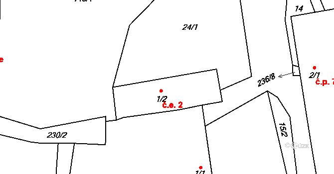Milotičky 2, Červená Řečice na parcele st. 1/2 v KÚ Milotičky, Katastrální mapa