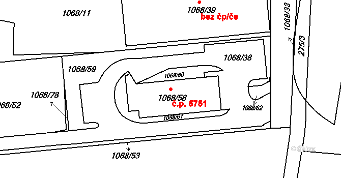 Jihlava 5751 na parcele st. 1068/58 v KÚ Jihlava, Katastrální mapa