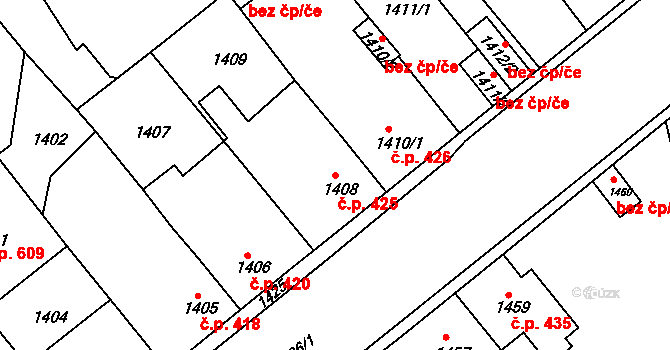 Podbořany 425 na parcele st. 1408 v KÚ Podbořany, Katastrální mapa