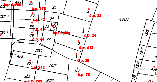 Krasice 413, Prostějov na parcele st. 2 v KÚ Krasice, Katastrální mapa