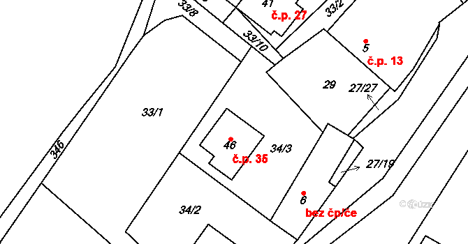 Simtany 35, Pohled na parcele st. 46 v KÚ Simtany, Katastrální mapa