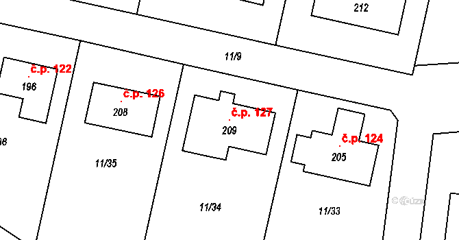 Drahonice 127 na parcele st. 209 v KÚ Drahonice, Katastrální mapa