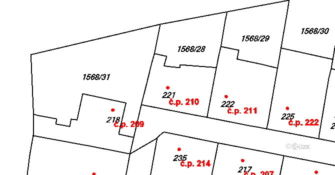 Hluboké Mašůvky 210 na parcele st. 221 v KÚ Hluboké Mašůvky, Katastrální mapa
