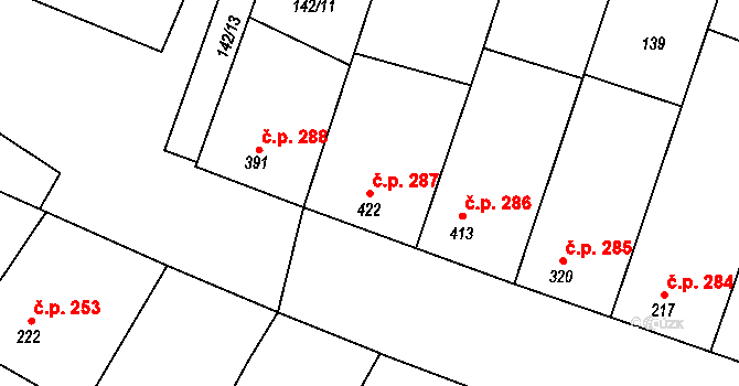 Hrabětice 287 na parcele st. 422 v KÚ Hrabětice, Katastrální mapa