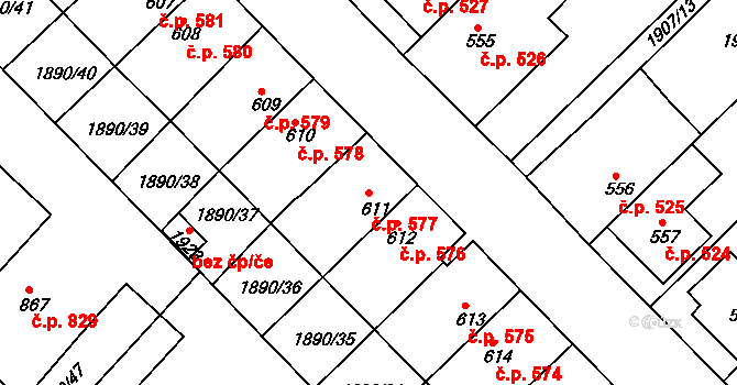 Tišnov 577 na parcele st. 611 v KÚ Tišnov, Katastrální mapa