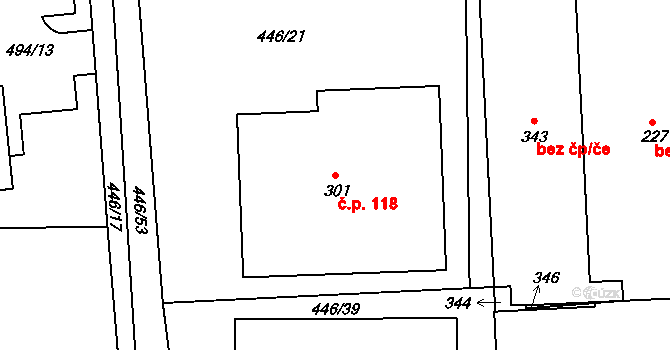 Hybrálec 118 na parcele st. 301 v KÚ Hybrálec, Katastrální mapa