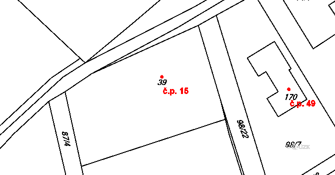 Rounek 15, Vyskytná nad Jihlavou na parcele st. 39 v KÚ Rounek, Katastrální mapa