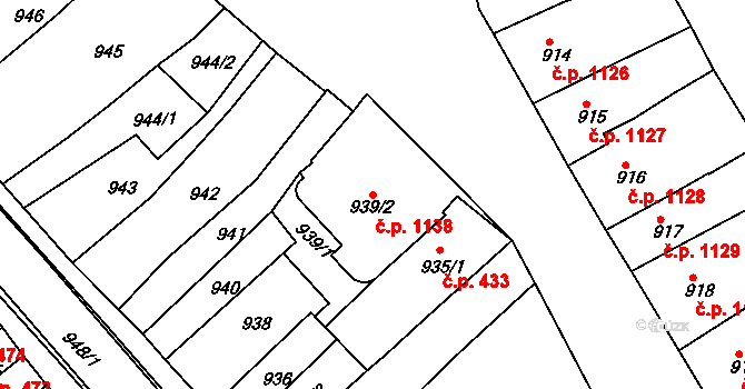 Rousínov 1138 na parcele st. 939/2 v KÚ Rousínov u Vyškova, Katastrální mapa