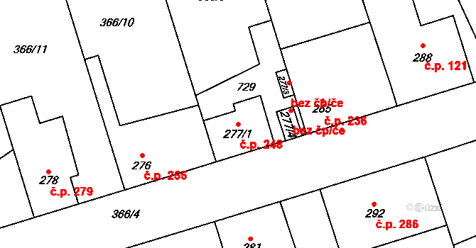 Veltruby 248 na parcele st. 277/1 v KÚ Veltruby, Katastrální mapa
