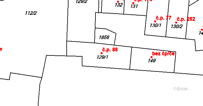 Libochovice 88 na parcele st. 129/1 v KÚ Libochovice, Katastrální mapa