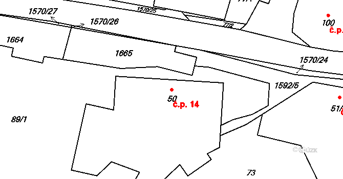Kladeruby 14 na parcele st. 50 v KÚ Kladeruby, Katastrální mapa