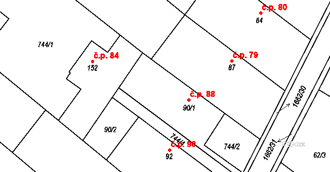 Hlavatce 88 na parcele st. 90/1 v KÚ Hlavatce, Katastrální mapa