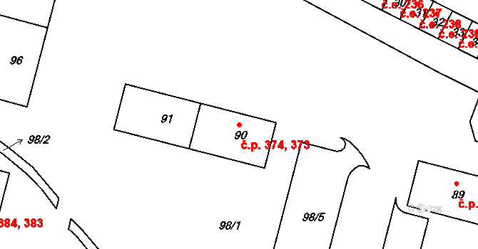 Miřetice u Klášterce nad Ohří 373,374, Klášterec nad Ohří na parcele st. 90 v KÚ Miřetice u Klášterce nad Ohří, Katastrální mapa