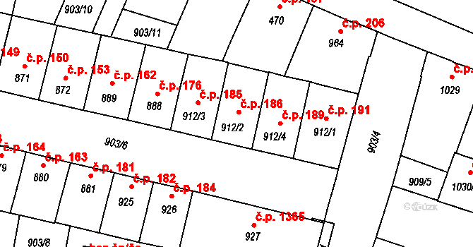 Horka-Domky 186, Třebíč na parcele st. 912/2 v KÚ Třebíč, Katastrální mapa