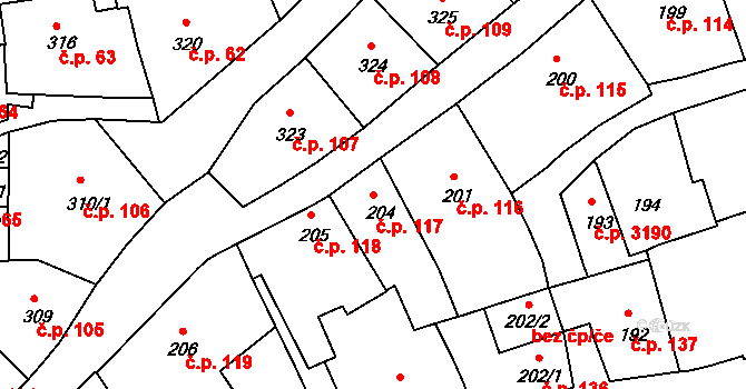 Tábor 117 na parcele st. 204 v KÚ Tábor, Katastrální mapa